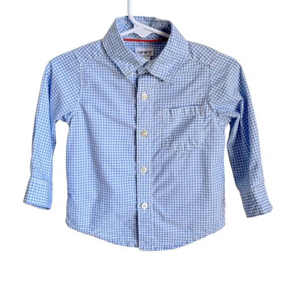 Carters Baby Boy Blue Gingham Long Sleeve Button-Down Dress Shirt 12M Cotton - Picture 1 of 5